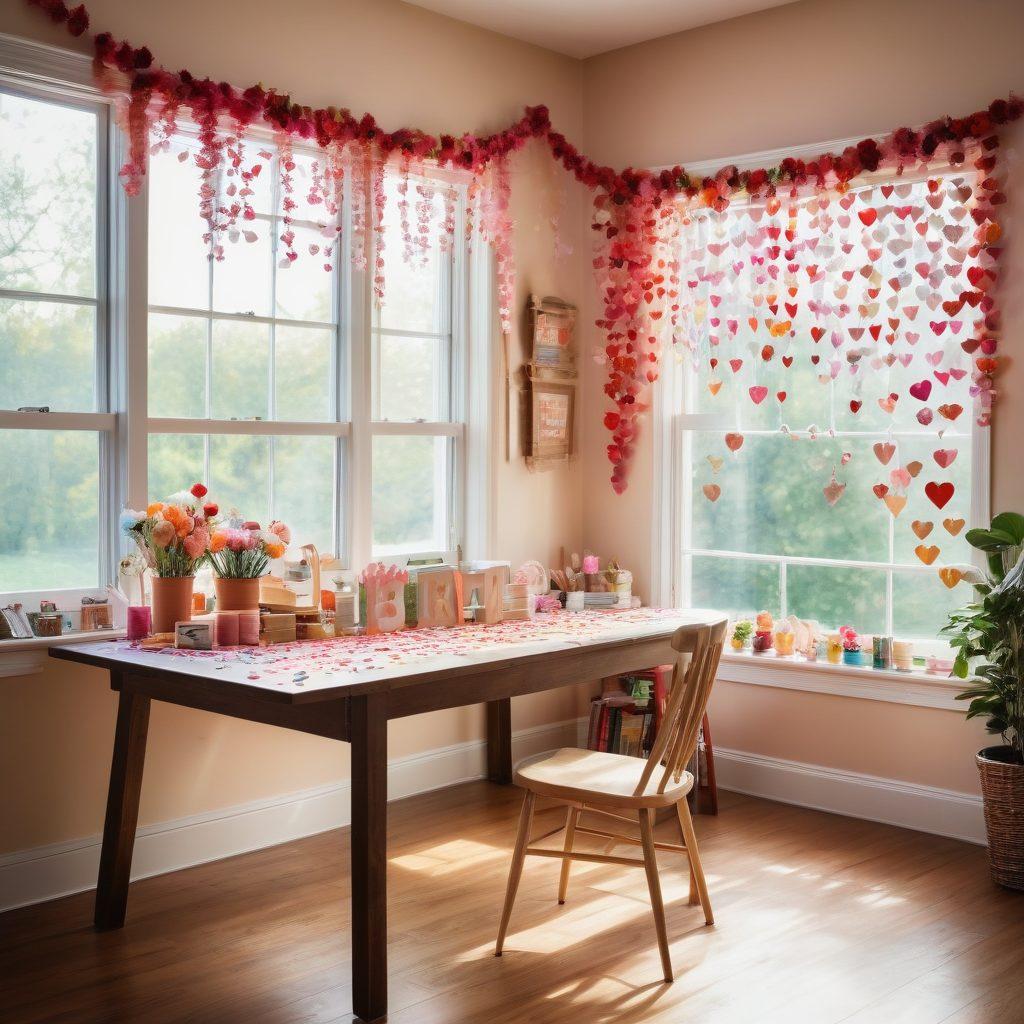 A whimsical scene showcasing an artist's workspace filled with colorful materials for crafting banners, with hearts, flowers, and inspirational quotes scattered around. A soft sunlight floods the room, illuminating a finished love-themed banner hanging proudly. In the background, glimpses of love-filled events like weddings and anniversaries can be subtly seen. The vibe should be warm and inviting, radiating creativity and joy. vibrant colors. super-realistic.