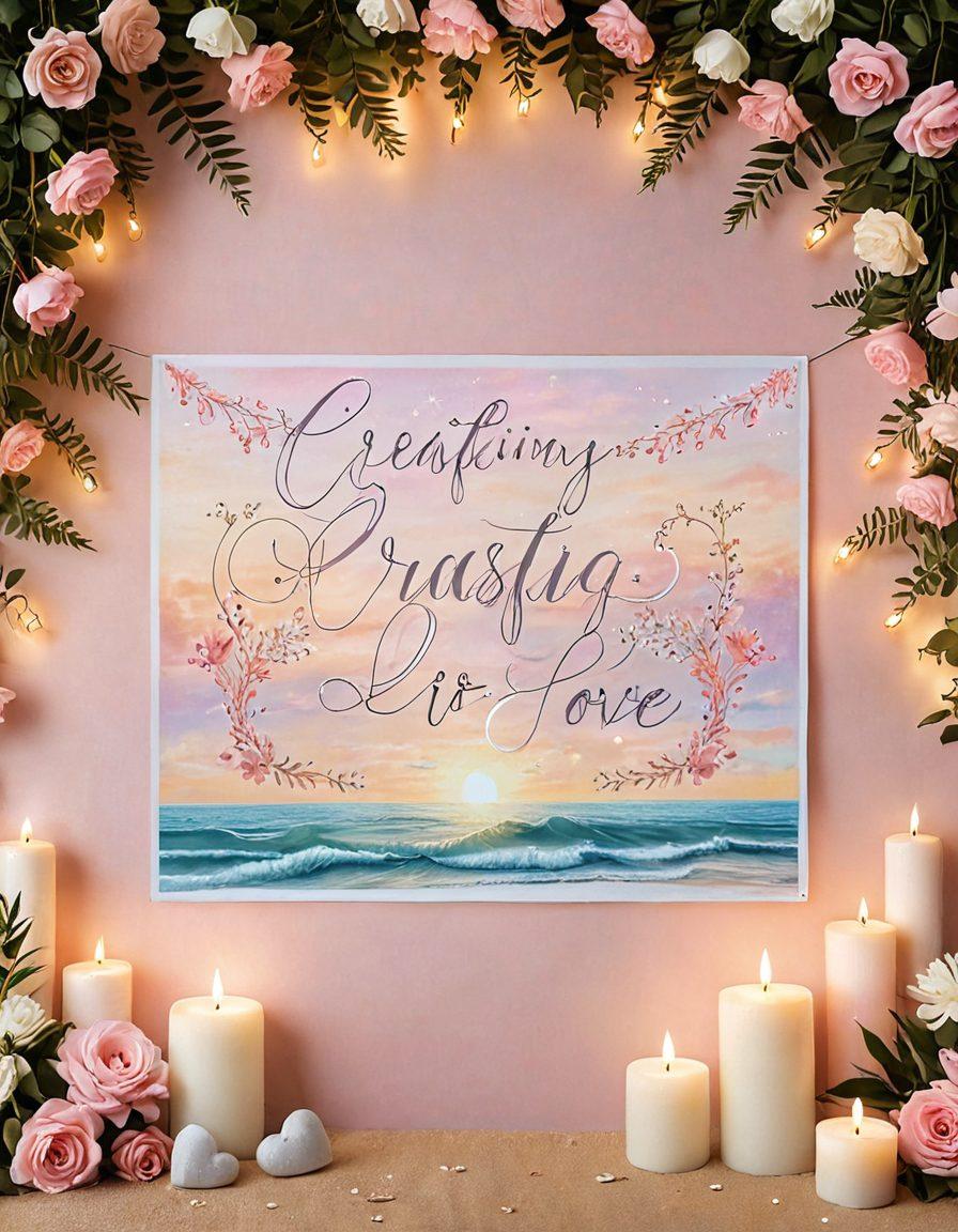 A beautifully crafted romantic banner adorned with delicate floral designs, soft pastel colors, and elegant typography, showcasing the words 'Crafting Love' amidst hearts and ribbons. The background features a dreamy sunset setting over a beach, symbolizing love and connection, with subtle decorations like twinkling fairy lights and candles to enhance the romantic vibe. The scene invites creativity and craftsmanship, ideal for various romantic events. super-realistic. vibrant colors. soft focus.